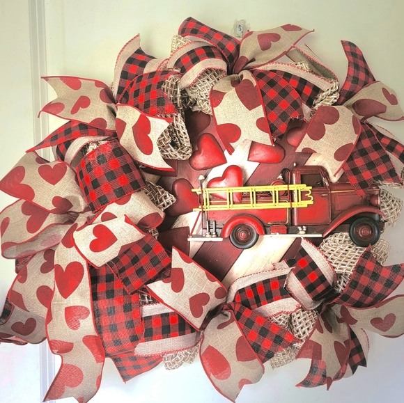 Hand Crafted Other - Fireman Wreath Appreciation Love Fire Truck Mesh Bow